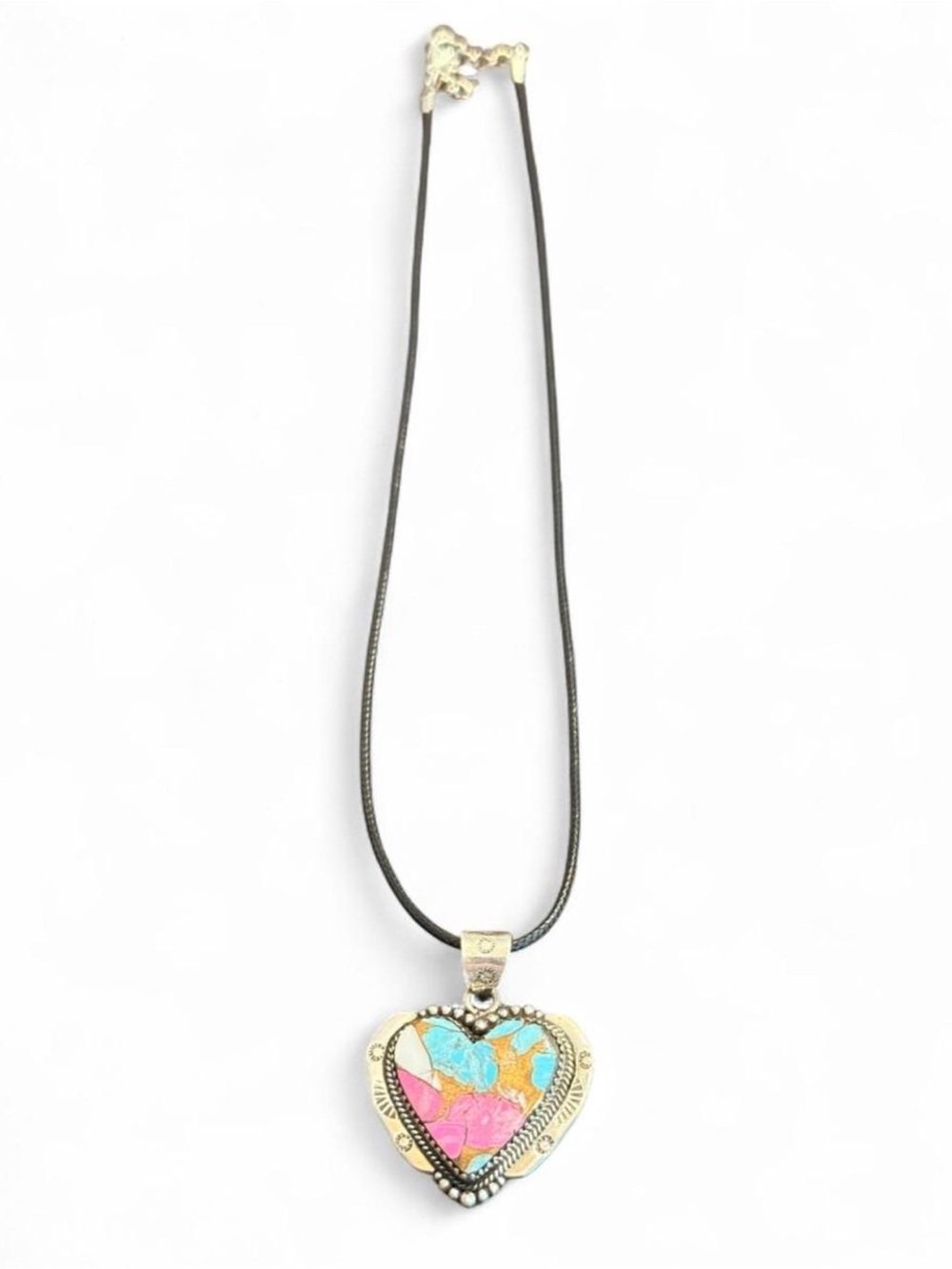 Sterling Silver Pink & Turquoise Inlay Heart Pendant Necklace